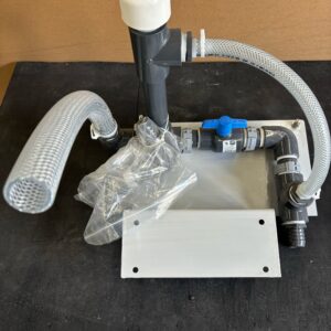 Gray plastic hose assembly on metal mounting plate