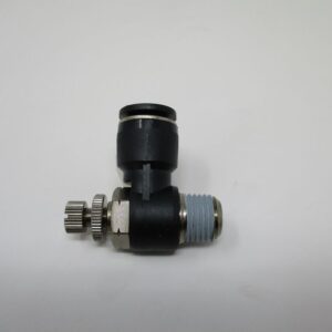 Push-to-connect elbow fitting with flow control