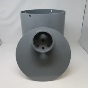 Gray cylindrical metal housing with flange