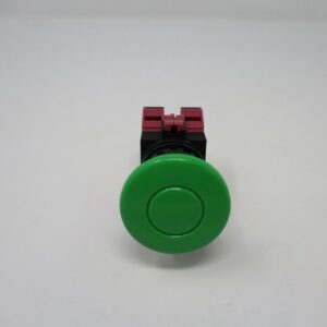 Green round industrial pushbutton with red connector