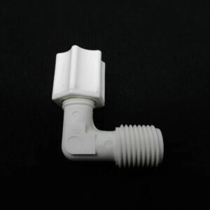 Close-up of white plastic elbow connector