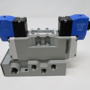 Gray pneumatic valve with blue solenoid caps