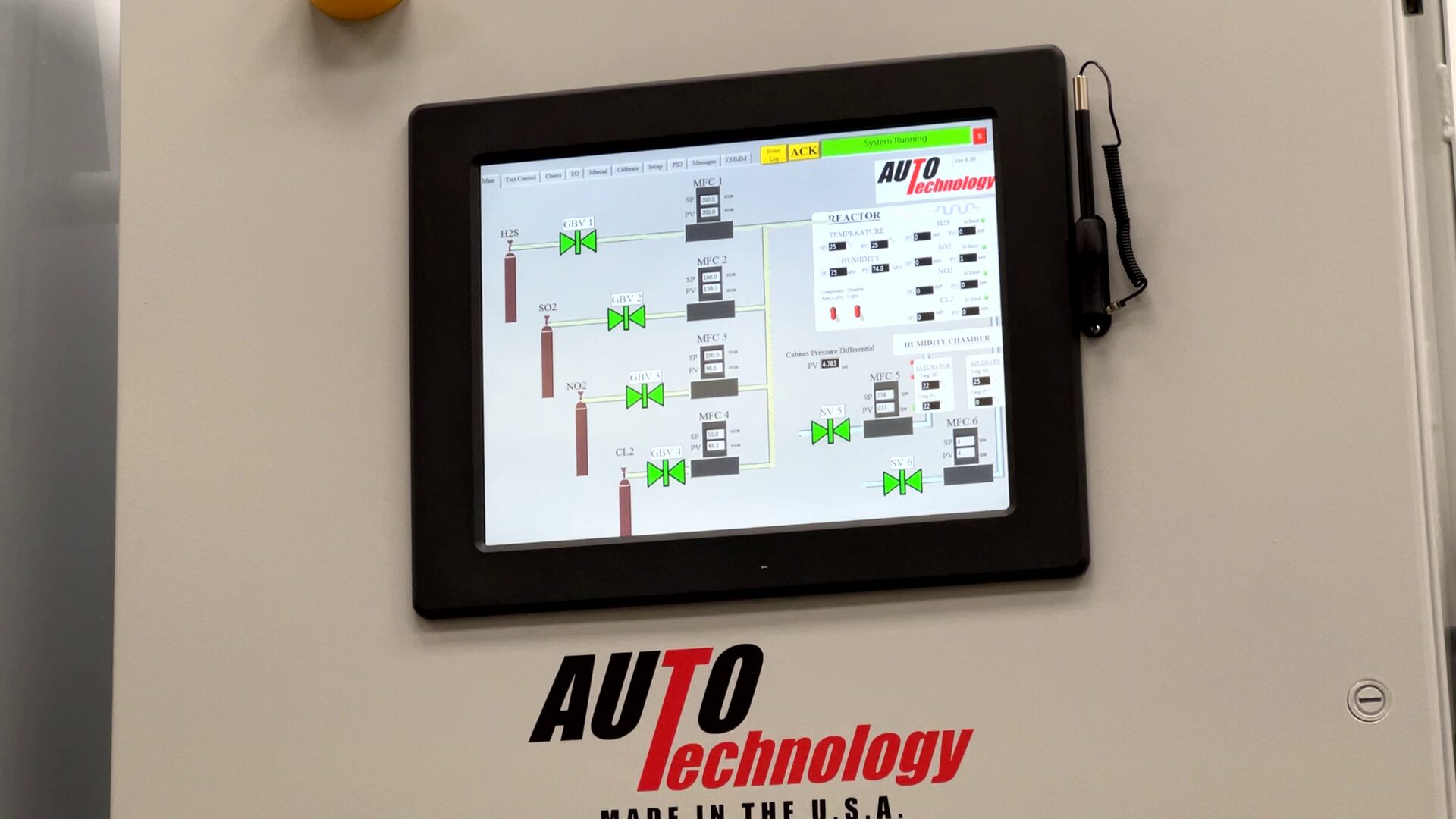 Touchscreen interface for monitoring temperature, humidity, and gas flow with logging and traceability for MFG testing.