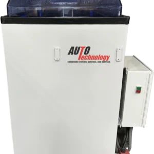 Front view of Auto Technology M Series Size 15 salt fog test chamber with clear lid and enclosed exposure zone.