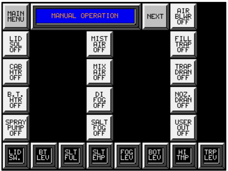 Auto Technology touchscreen manual control interface showing diagnostic control of heaters, pumps, valves, and switch status.