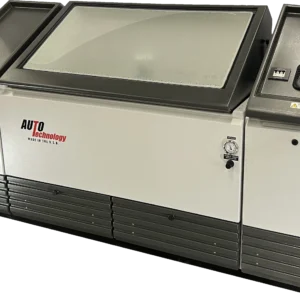 An angled, front-left view of the Auto Technology C Series corrosion test chamber, showing the integrated touch screen controller, air pressure gauge, and durable fiberglass construction.