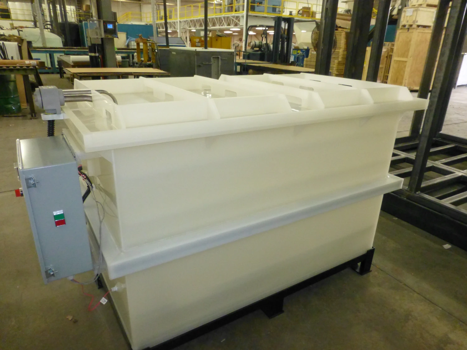 Full perspective view of the white plastic D.I. Water Immersion Test Chamber with dual covers and side-mounted control panel.