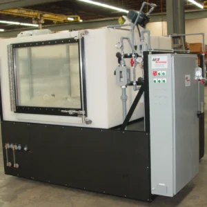 Front view of an Auto Technology Century Series water spray test chamber with viewing door and control enclosure.