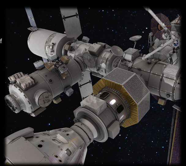 Space station modules docked in orbit